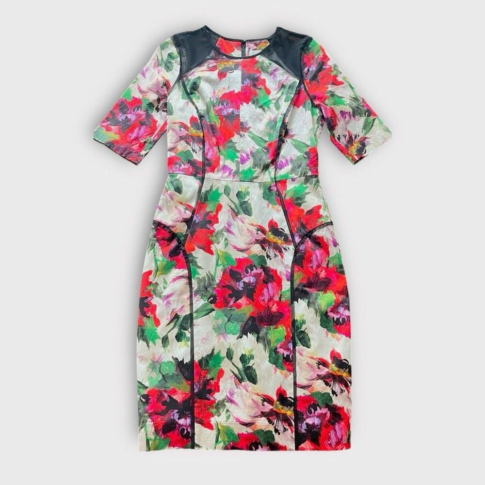 Milly Floral Print Mesh Panels Short Sleeve Bodycon Pencil Multicolor Dress 4